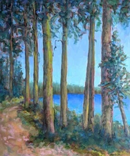 TRUJILLO Art not jose / Fir Trees Moss Oregon Lake large 24x20 modern impasto