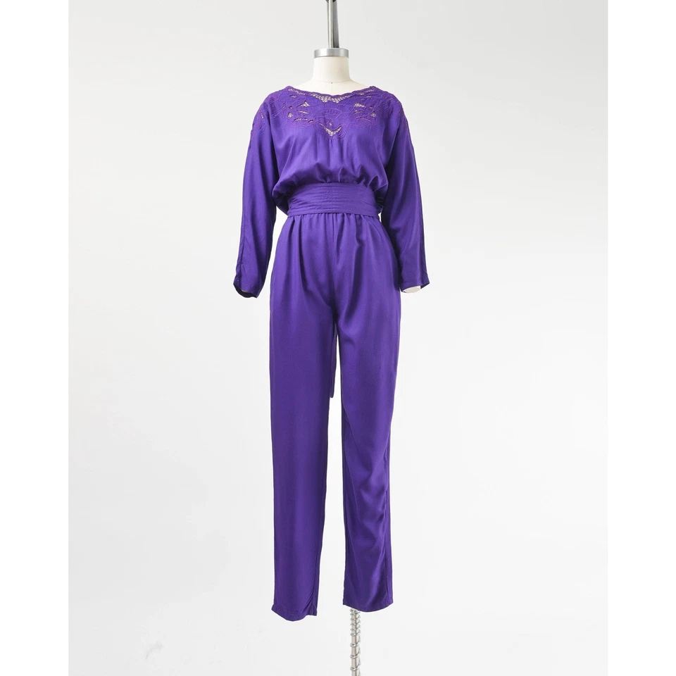 Mono Vintage Años 90 Púrpura Boho Corte Transparente Encaje Floral Bordado con Cinturón S Foto 2 de 4