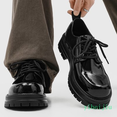 Men's Big Round Toe Shiny Leather Dress Shoes Platform Wide Foot Wedding Banquet
