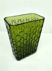 VTG~ANCHOR HOCKING~1950s MCM FOREST GREEN TEXTURED GLASS RECTANGLE VASE~8"x5.5"
