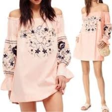 Free People Mini Dress Women Large Fleur du jour Pink Embroidered Off Shoulder
