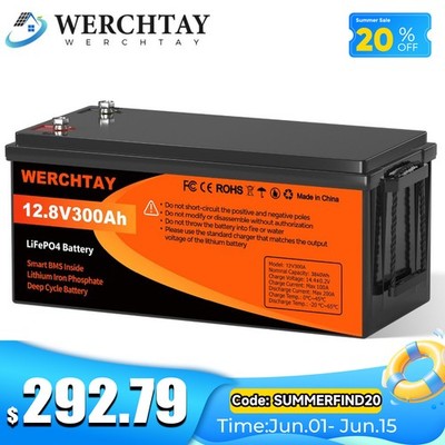 12V 300AH LiFePO4 Lithium Battery 15000+Cycles 200A BMS Solar Off-grid RV 3.8kwh
