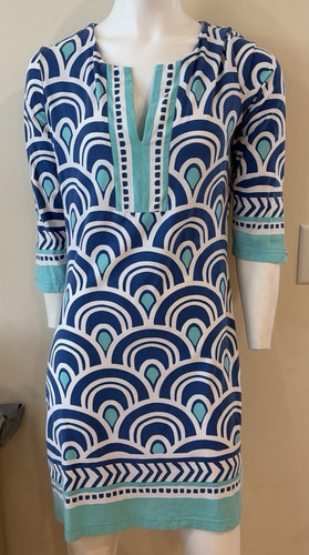 Barbara Gerwit Blue & Green 95% Cotton Geometric Shapes Dress Medium