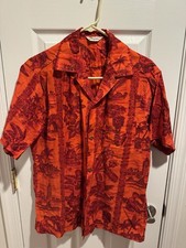 Vintage Red/Orange Island Themed Hawaiian Shirt Mens Button Down