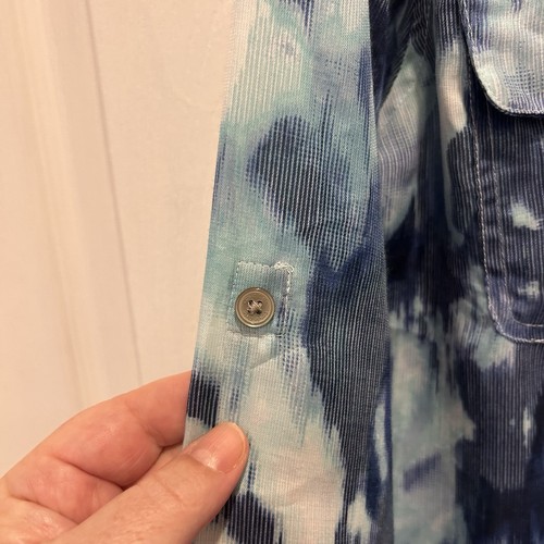 Calvin Klein Women Blue Abstract Art Button Down Blouse Top Roll Tab Size Large - Afbeelding 5 van 8