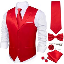 Red Vest Tie Set for Men Solid Color Suit Vest Necktie Cufflinks Bow Tie Set ...
