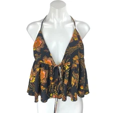 Urban Outfitters Black Floral Sleeveless Tie Wrap Ruffle Blouse Tank Crop Top S