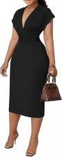Bodycon Midi Dress Deep V-Neck Cap Sleeve Ruched High Waist Stretchy Dresses for