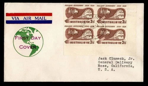 DR WHO 1954 AUSTRALIA FDC RAILWAY CENTENARY TRAIN BLOCK M69279