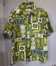 Vintage Malihini Hawaii Shirt Men’s Medium Lime Green Polynesian Pattern Clean