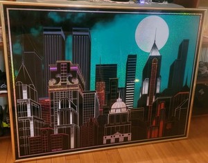 VINTAGE Laurel Arts Metropolis Teal Code 1518 Twin Towers N.Y. City RARE 52"x40"