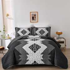 Boho Quilt Set King Size 3 Pieces Black Grey Aztec Texture Bedspread Coverlet Se