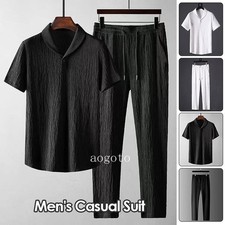 2Pcs/Set Summer Mens Cotton Linen Walking Suit Short Sleeve Casual Shirt Pants