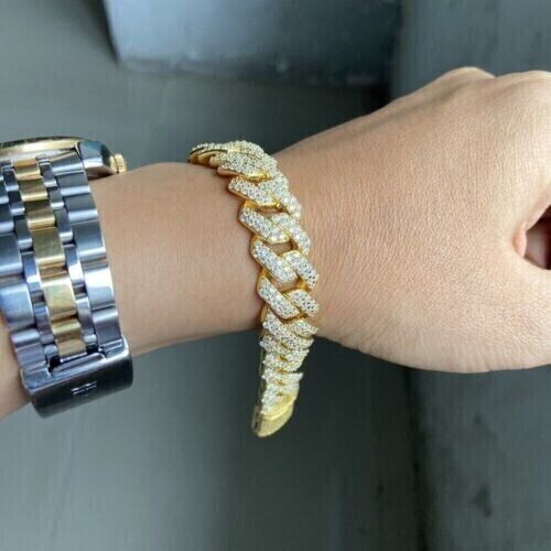 Mens New Cuban Link Bracelet 14K Yellow Gold Over Round Cut Lab-Created Diamond - Picture 2 of 4