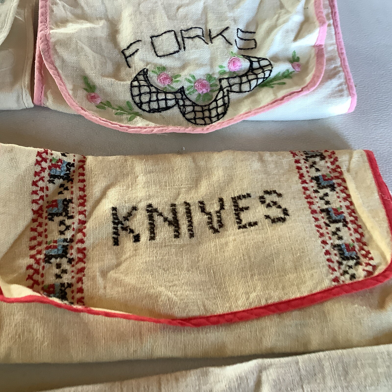 6 Linen Storage Pouch Floral Embroidery Silverware Utensil Holders Knife Forks +