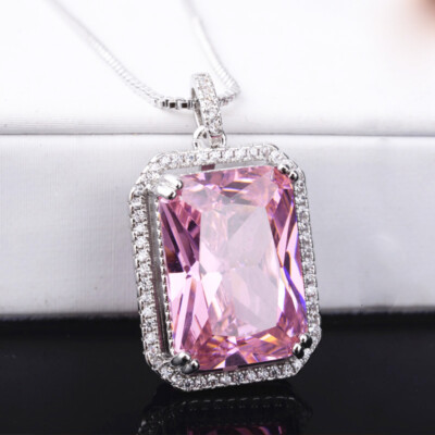 New Wedding Gift Big Shinny Pink Topaz Gemstone Silver Women Necklace Pendants