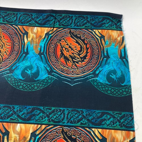 Emerald Reign Dragons Celtic Circles Border Fabric Green Orange Fire Red BTY - Picture 3 of 5