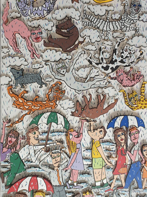 James Rizzi 3D It's Raining Cats And Dogs Original Framed Dog Cat