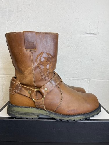 Skechers 60651 Tan Brown Leather Motorcycle Harness Boots Men's Size 10 US