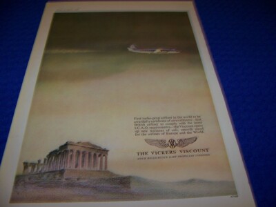 VICKERS VISCOUNT ''FIRST TURBO PROP AIRLINER''.. 1-PAGE COLOR SALES AD (866HH)