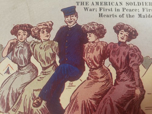 C 1915 The American Soldier First in War Peace Hearts of Maidens Comic Postcard