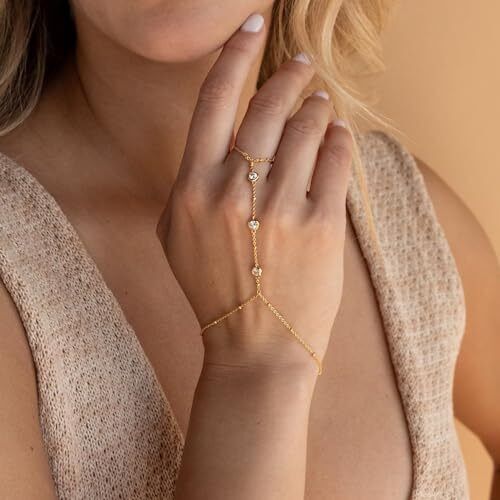 Hand Chain Ring Bracelet for Women Dainty 14k Finger Ring Bracelet Gold - Picture 2 of 6
