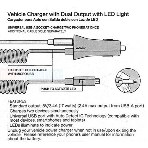OEM Verizon Car Charger microUSB +Extra USB for Galaxy A03/A10/A8(2016)/A7/A6/A5 - Picture 2 of 6