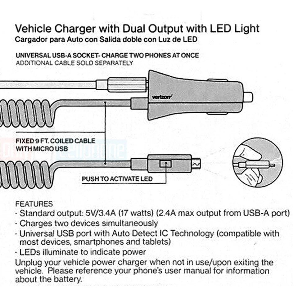 Cargador de coche OEM Verizon microUSB + USB extra para Galaxy A03/A10/A8 (2016)/A7/A6/A5 Foto 2 de 4