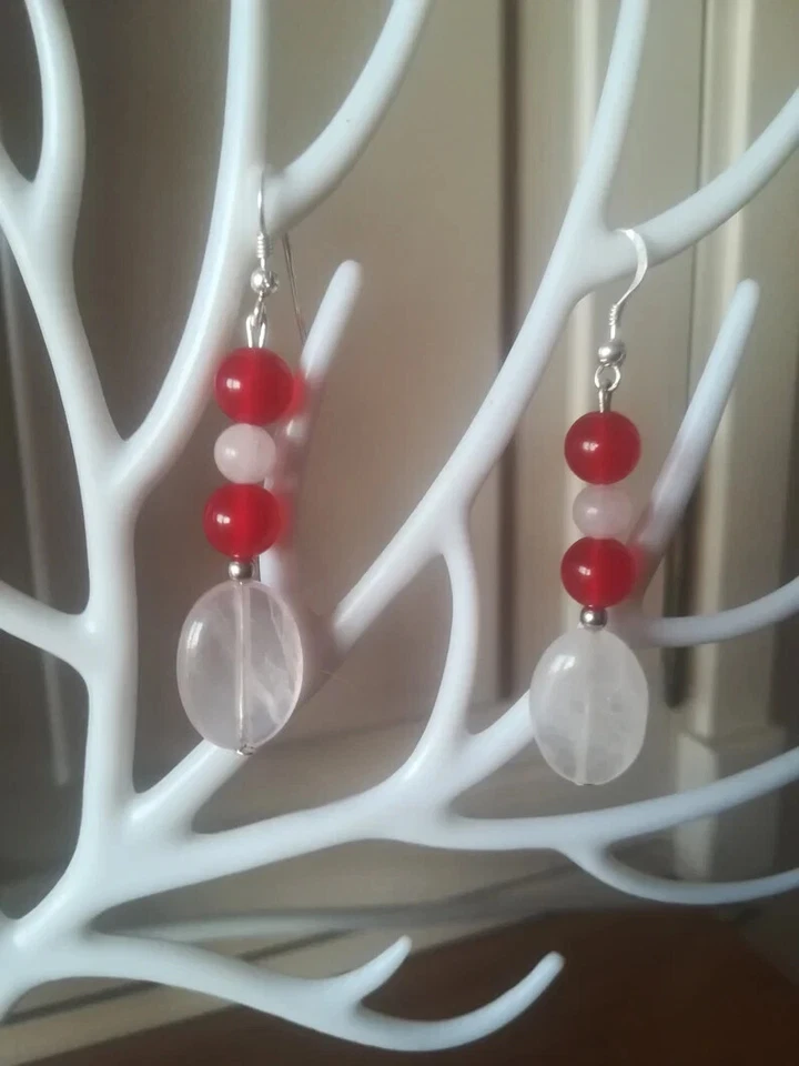 ORECCHINI QUARZO ROSA E GIADA ROSSA IN ARGENTO 925 FATTI A MANO, PIETRE NATURALI - Immagine 2 di 4