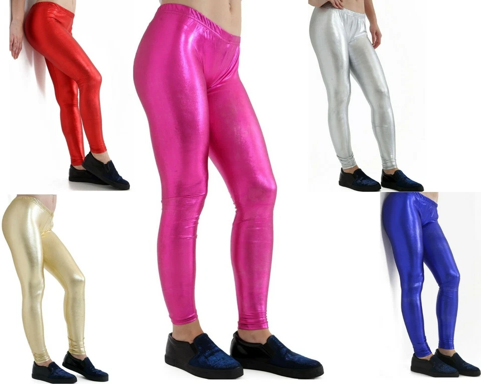 Ladies Girls Metallic Full Length Wet Look Skinny Shiny Leggings Disco Pants - Image 1 of 1