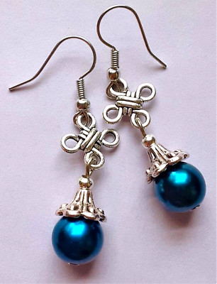 NAVY BLUE CELTIC KNOT GLASS PEARL drop earring SP FISH hook WPGH15 | eBay