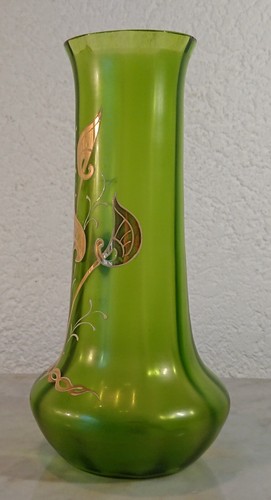 Jarrón antiguo jarrón de vidrio Art Nouveau Art Nouveau hojas doradas Harrach Bohemia? 520g - Imagen 5 de 12