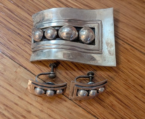 Vtg Mexico RLM 925 Sterling Silver Brooch Screwback Earrings Jewelry Set Modern - Picture 5 of 14