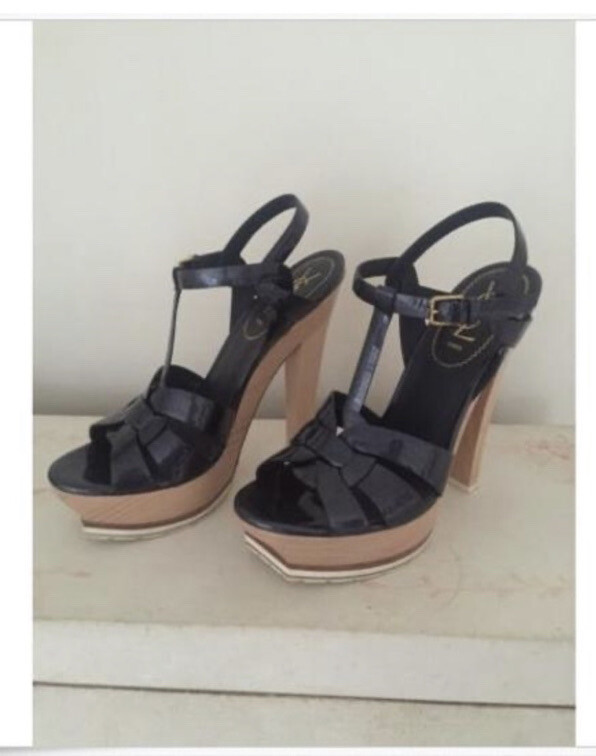 SAINT LAURENT "Sandali YSL Tribute blu plateau in pelle verniciata taglia 38 5 tacco 5""