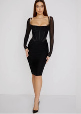 HOUSE of CB Black Freyja Gathered Ruched Corset Long Sleeve Bodycon Dress XS 2/4