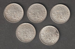 France 5 Pièces de 5f semeuse en Argent 1960