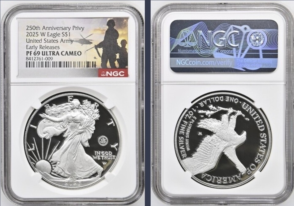 2025 W Silver Eagle Army 250th anniversary privy NGC PF69 with COA and ...