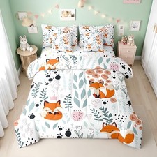 7 Piece Kids Fox Comforter Set with Sheets, Forest Animal Print Twin Orange