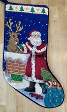 LOVELY NEEDLEPOINT SANTA REINDEER CHRISTMAS STOCKING MULTICOLOR 9