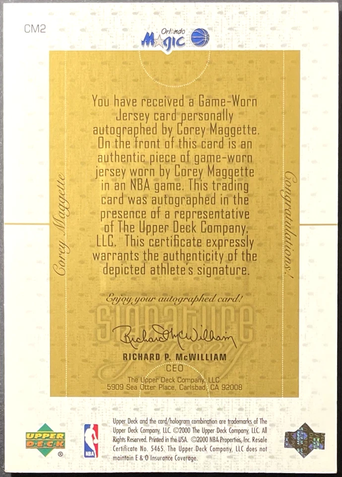 ( /50 ) Corey Maggette 2000-01 UD Pros Prospects Auto Signature Jerseys Gold LV2 - Image 2 of 2