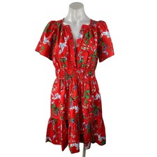 Anthropologie The Somerset Red Floral Short Sleeve V Neck Mini A-Line Dress Sz S