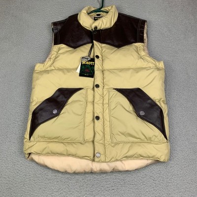 Schott Down Vest Jacket Leather Western Trim Mens Medium Brown Khaki NEW