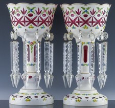 GORGEOUS PAIR ANTIQUE BOHEMIAN CASED CRANBERRY GLASS MANTLE LUSTER CANDLESTICKS