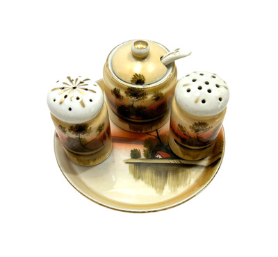 Noritake Porcelain Salt Pepper Shaker Sugar Spoon Tray Set Antique VTG Japanese