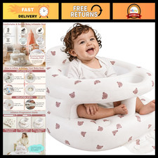 Inflatable Baby Seat with Built-in Pump, Back Support - Cute Brown Bear Design