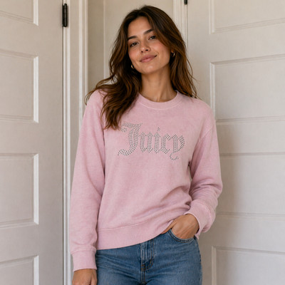 Juicy Couture Size M Classic Bling Velour Crew Neck Sweatshirt   Light Pink