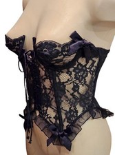 VICTORIA'S SECRET BLACK LACE MERRY WIDOW CORSET BUSTIER DEMI LACE CUPS BOWS 32B