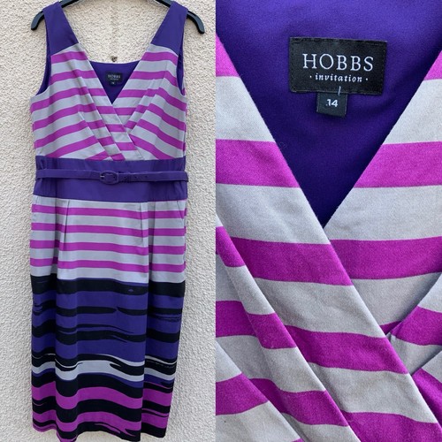 Hobbs Invitation UK 14 PURPLE Pink Grey Striped Pencil Dress PARTY COTTON