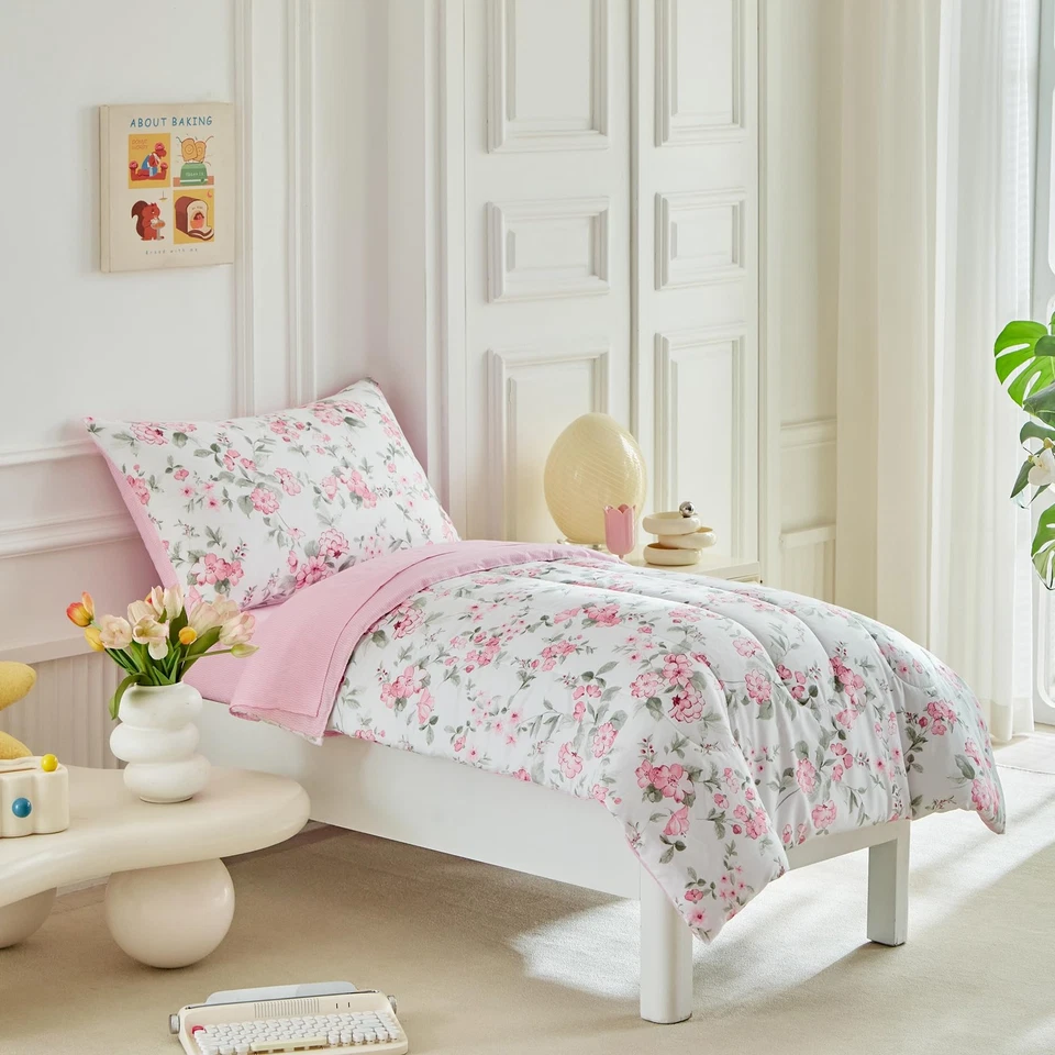 Комплект постельного белья из 4 предметов белый для мальчиков девочек - ультрамягкие розовые цветы с... - Изображение 3 из 4