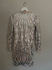 Quiz Nude Silver Sequin Bodycon Mini Dress UK 10 Glam Party Occasion